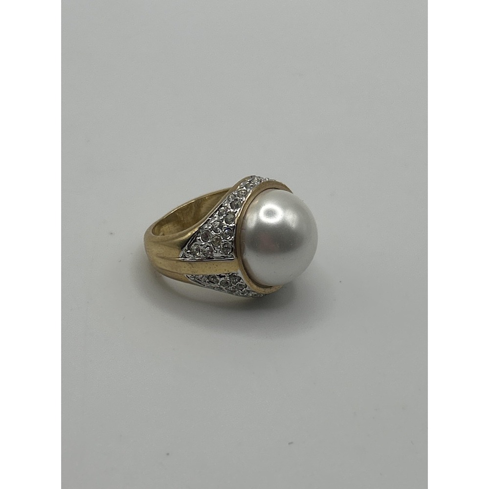 Gold Tone Cocktail Ring Large White Faux Pearl Pave Clear Accent Stones‎ Womens